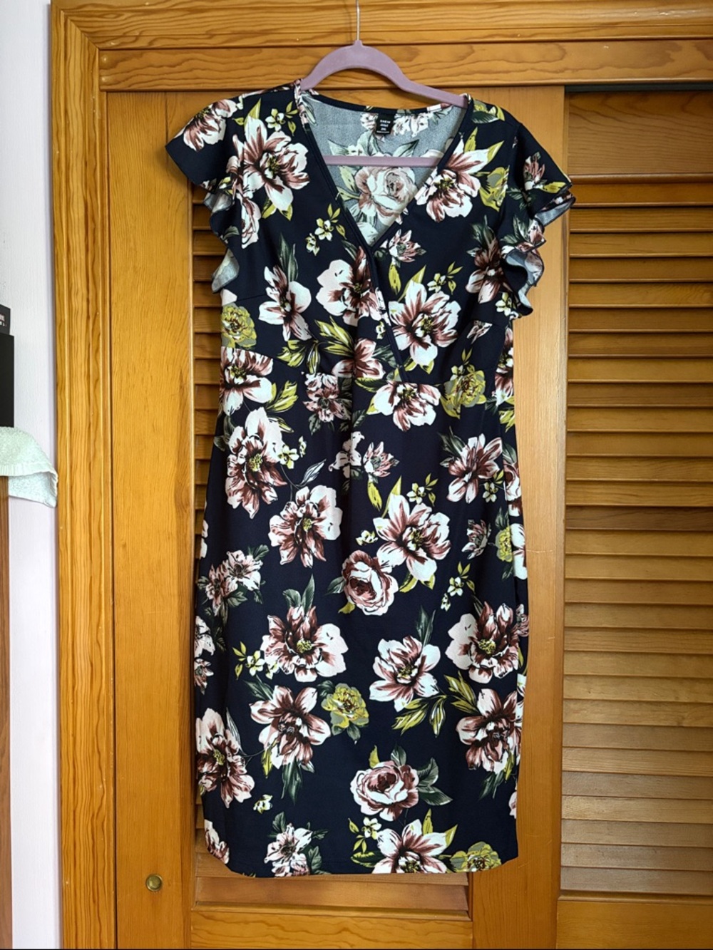 SHEIN Black Midi Dress with Blush & Cream Floral Print